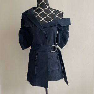 Cinq a Sept Belted Asymmetric Stretch Denim Minidress